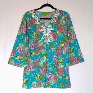 Island Republic Seahorse and Coral V-neck Blue-Green Tunic Top Sz Lg